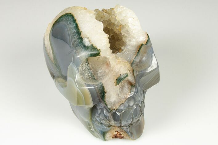 Polished Banded Agate Skull with Quartz Crystal Pocket #190518